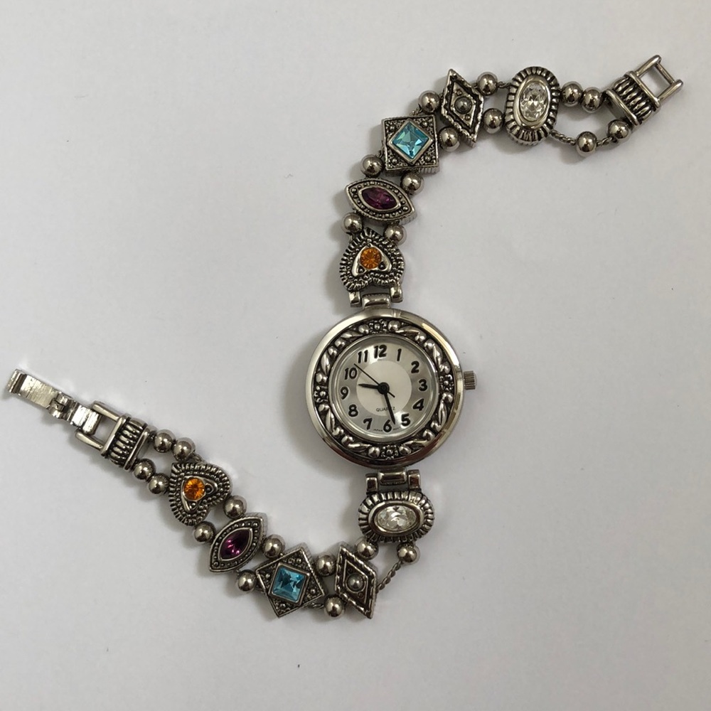 Silver Watch With Multi Colored Gemstones